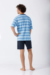Herren Schlafanzug Shorty Klima-Soft blau gestreift kurzarm