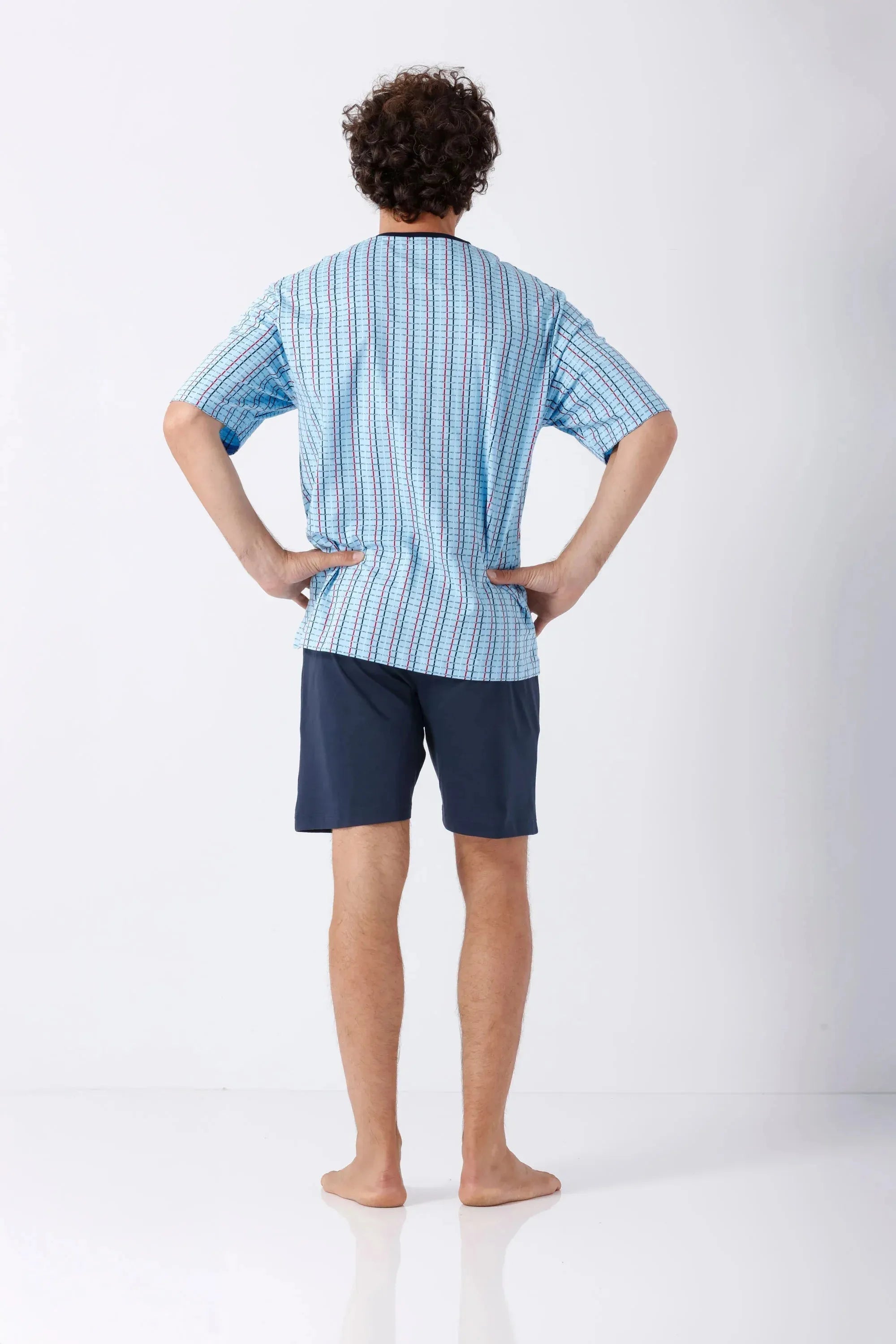 Herren Schlafanzug Shorty Premium Cotton: Blau-weiße gestreifte Kurzarm-Oberseite