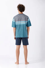 Herren Schlafanzug Shorty Premium Cotton in heathered teal-grau mit Streifen