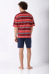 Herren Schlafanzug Shorty Premium Cotton: rot-weiß-blau gestreiftes Kurzarm-Hemd