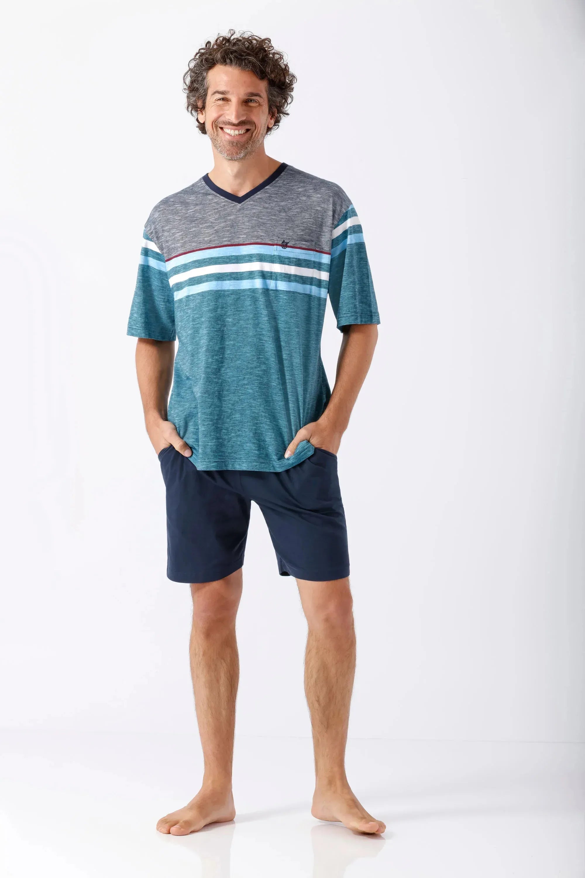 Herren Shorty Schlafanzug Oberteil V-Ausschnitt Streifen Teal-Weiß Grau
