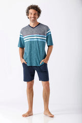 Herren Shorty Schlafanzug Oberteil V-Ausschnitt Streifen Teal-Weiß Grau