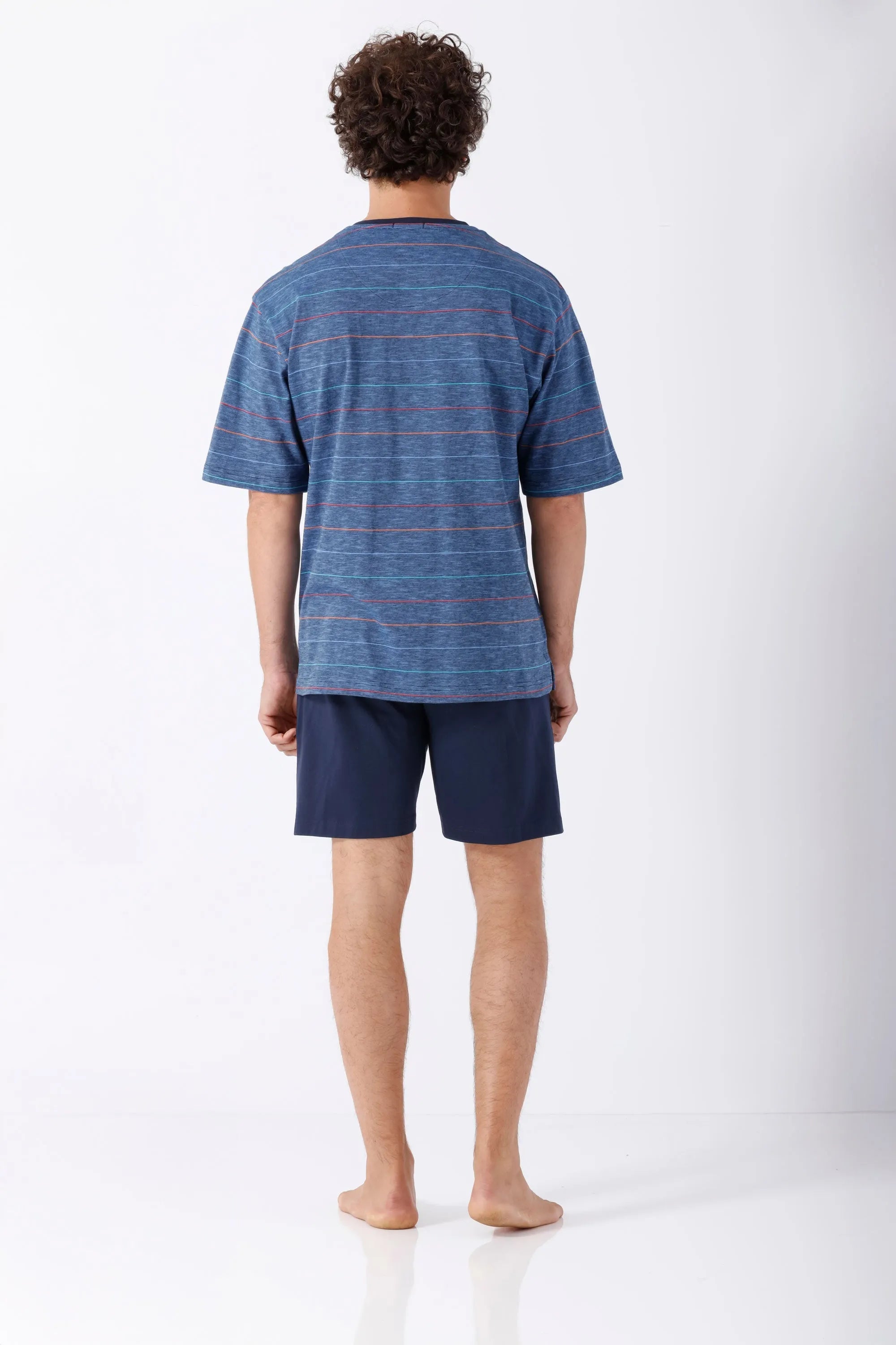 Herren Schlafanzug Shorty Premium Cotton: blauer gestreifter Kurzarm-Pyjama-Oberteil