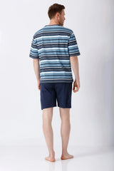 Herren Schlafanzug Shorty Premium Cotton: blau-weiße Streifen, Kurzarm-Top mit Shorts