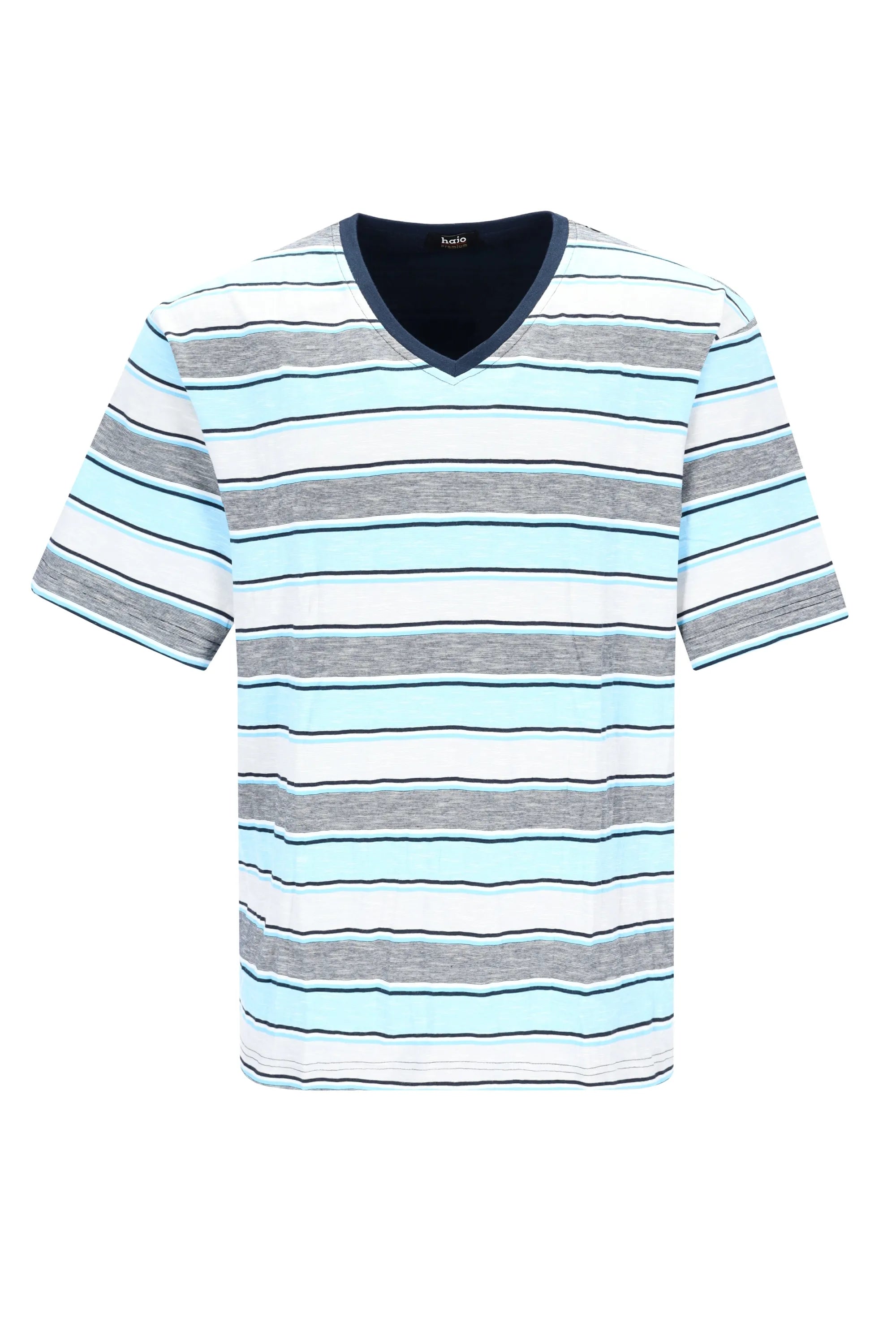 Herren Schlafanzug Shorty Premium Cotton: hellblau-grau-weiße V-Neck-Shortsleeve mit marinekragen