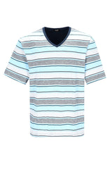 Herren Schlafanzug Shorty Premium Cotton: hellblau-grau-weiße V-Neck-Shortsleeve mit marinekragen