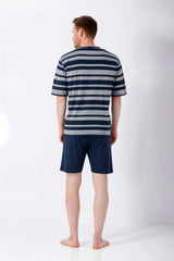 Herren Schlafanzug Shorty Premium Cotton/TENCEL™ Modal, marine-grau gestreift