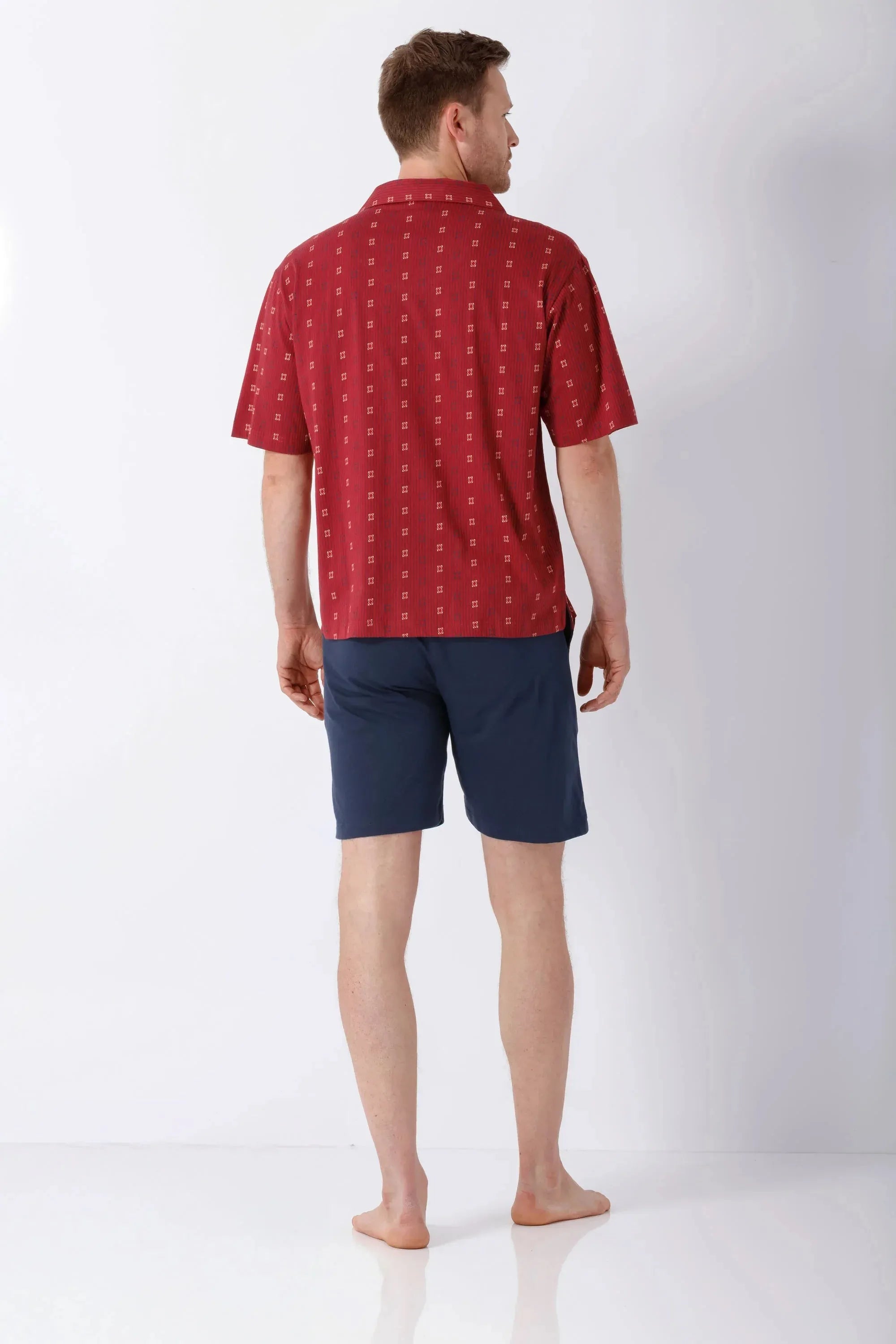 Rotes Kurzarm-Hemd mit subtiler Geometrie, Klima-Light Pyjama Shorty Herren