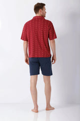 Rotes Kurzarm-Hemd mit subtiler Geometrie, Klima-Light Pyjama Shorty Herren