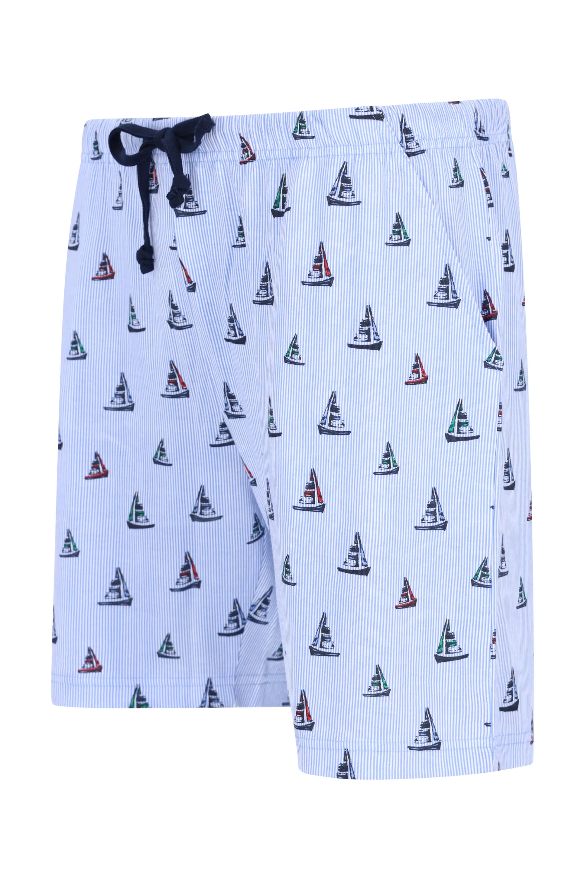 Herren Short Mio x Mia: hellblau-weiße gestreifte Badehose mit bunten Segelbooten