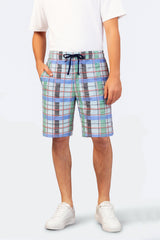 Herren Short Mio x Mia: hellblau-grüner Karo-Shorts mit schwarzem Kordelbund