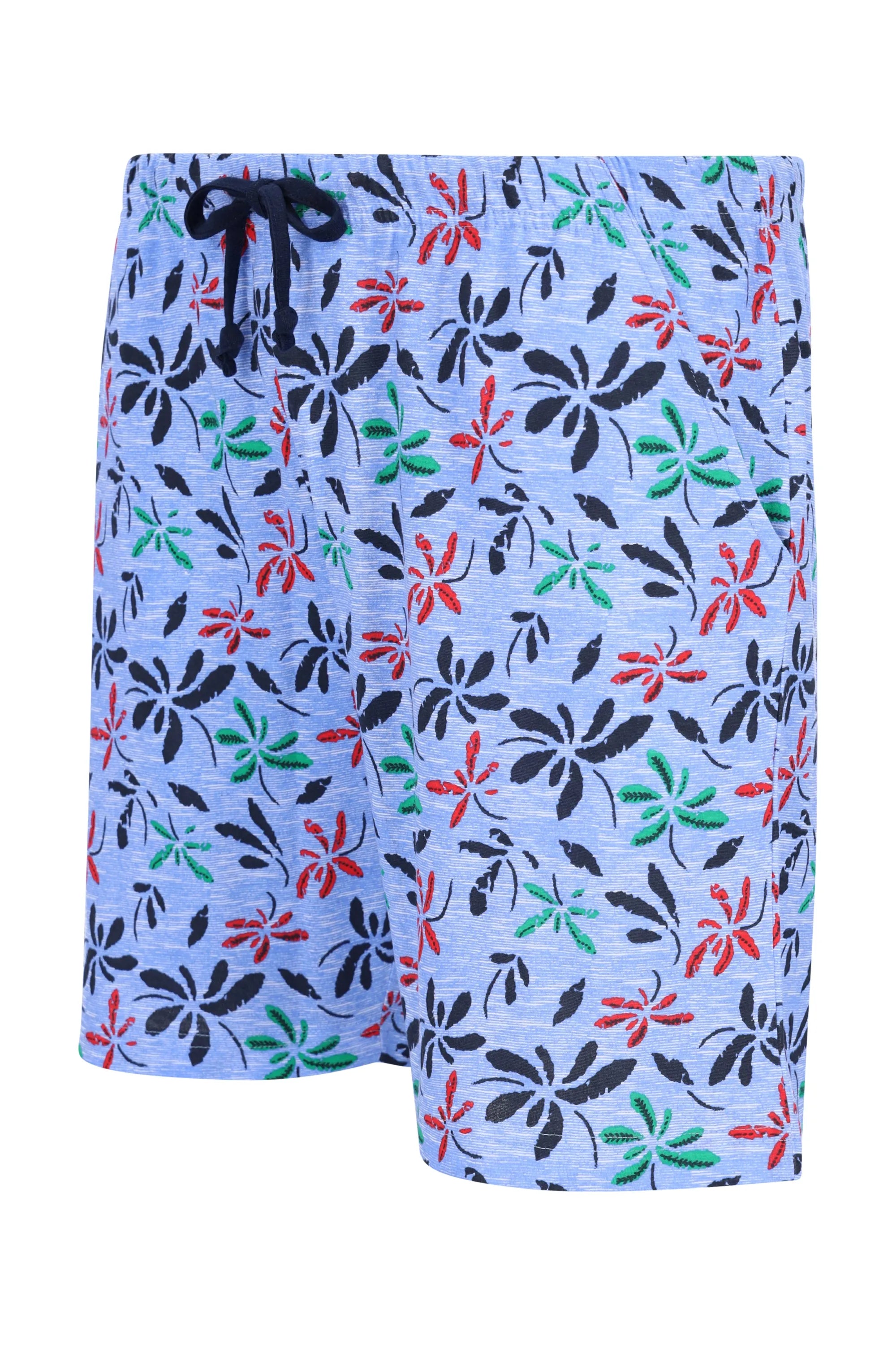 Herren Short Mio x Mia: hellblaue Badehose mit rot-grün-schwarzem Blumenmuster