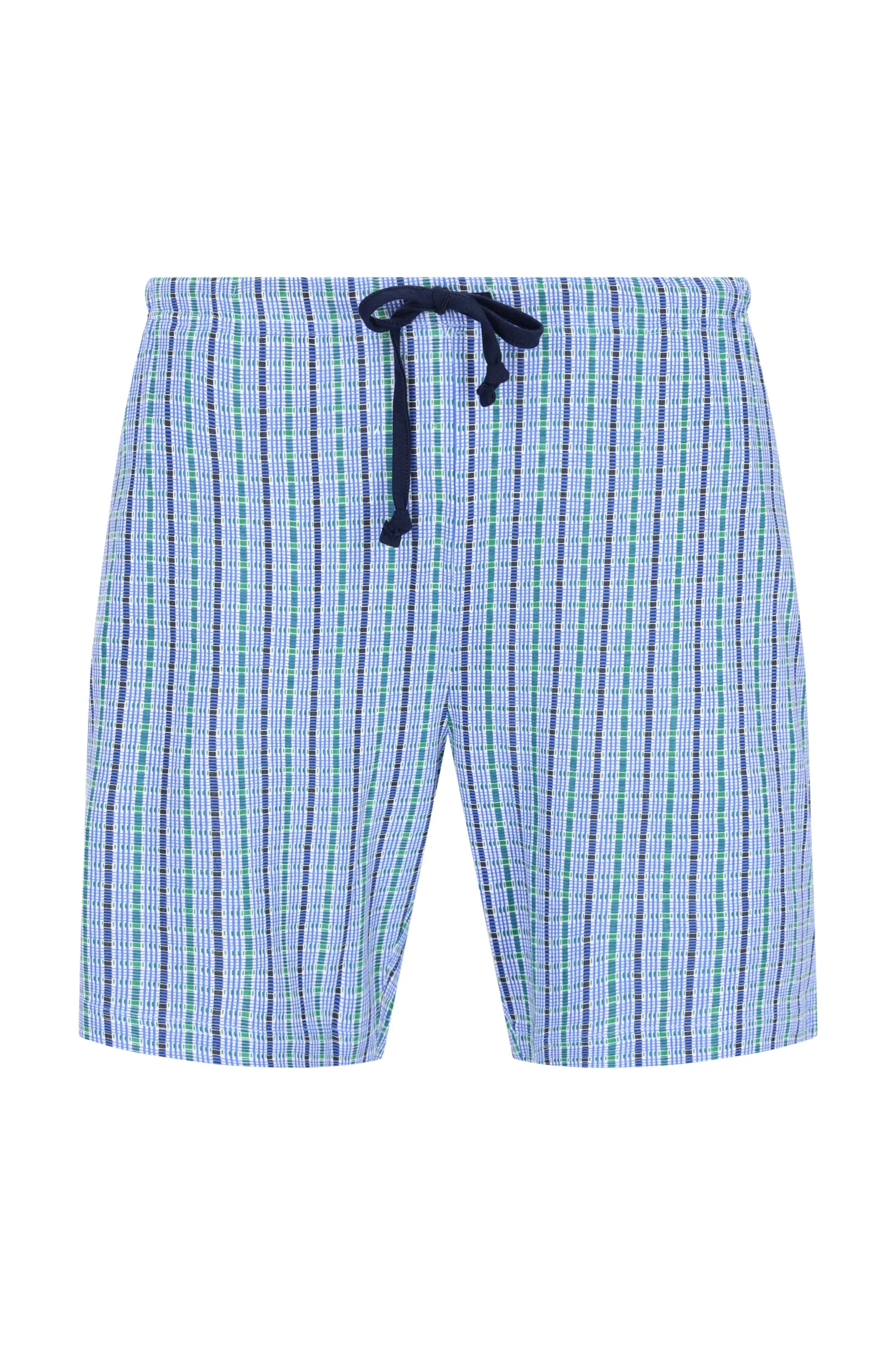 Herren Short Mio x Mia: Blau-grüne gestreifte Badehose mit Marine-Schnürbund