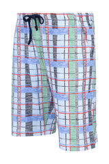 Herren Short Mio x Mia: karierte Boardshorts weiß mit Blau-Grün-Rot-Schwarz