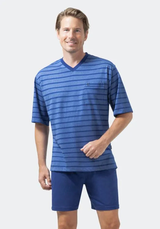 Blau gestreiftes Herren-Pyjama-Set mit V-Ausschnitt und kurzen Ärmeln