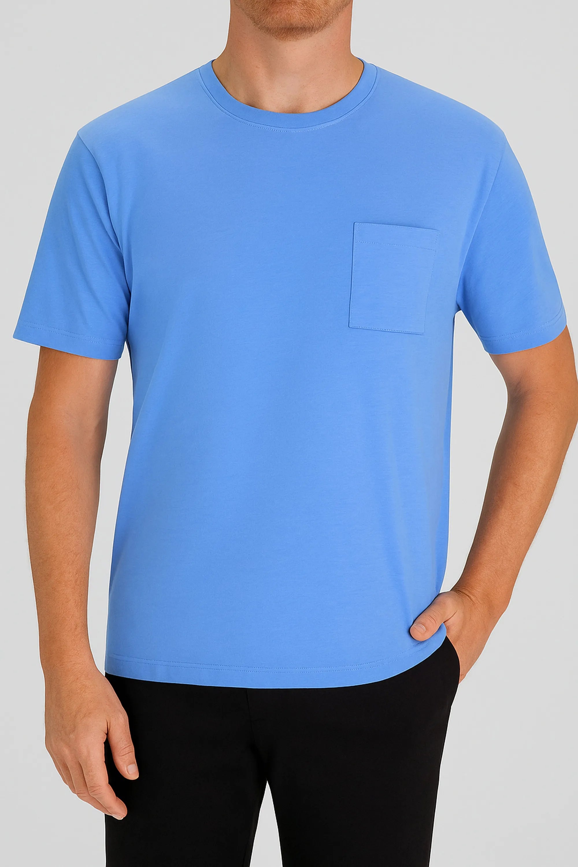 Hellblaues Herren T-Shirt Mio x Mia Premium Cotton TENCEL Modal Kurzarm mit Brusttasche