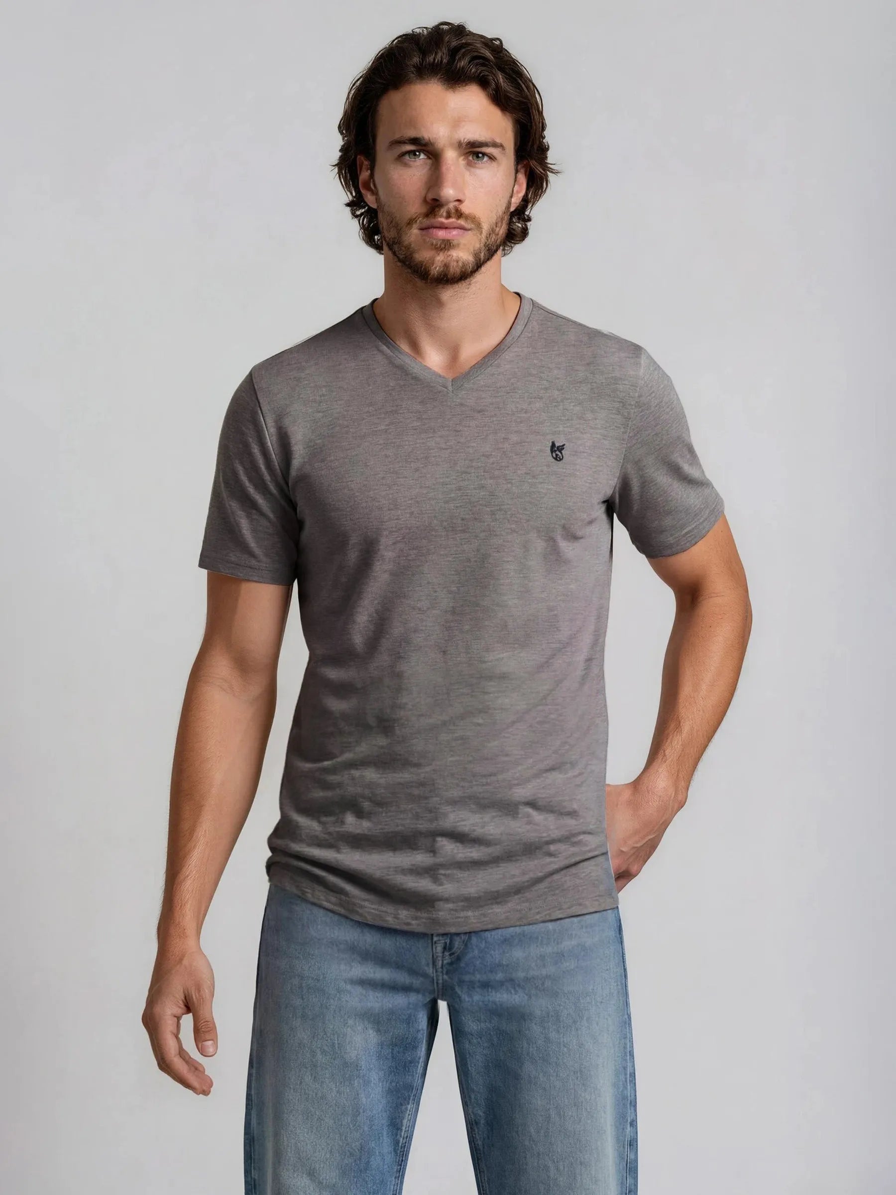 Graues herren t-shirt softknit aus baumwolle mit v-ausschnitt und kleinem schwarzem logo links auf der brust