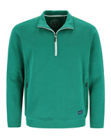 Grünes Sweatshirt mit Reißverschluss und weißer Zierleiste und Logo auf der linken Brust.