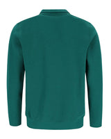 Grünes Sweatshirt mit Reißverschluss und Rippbündchen an Ärmeln und Saum, wahrscheinlich aus Baumwolle oder Polyestergemisch.