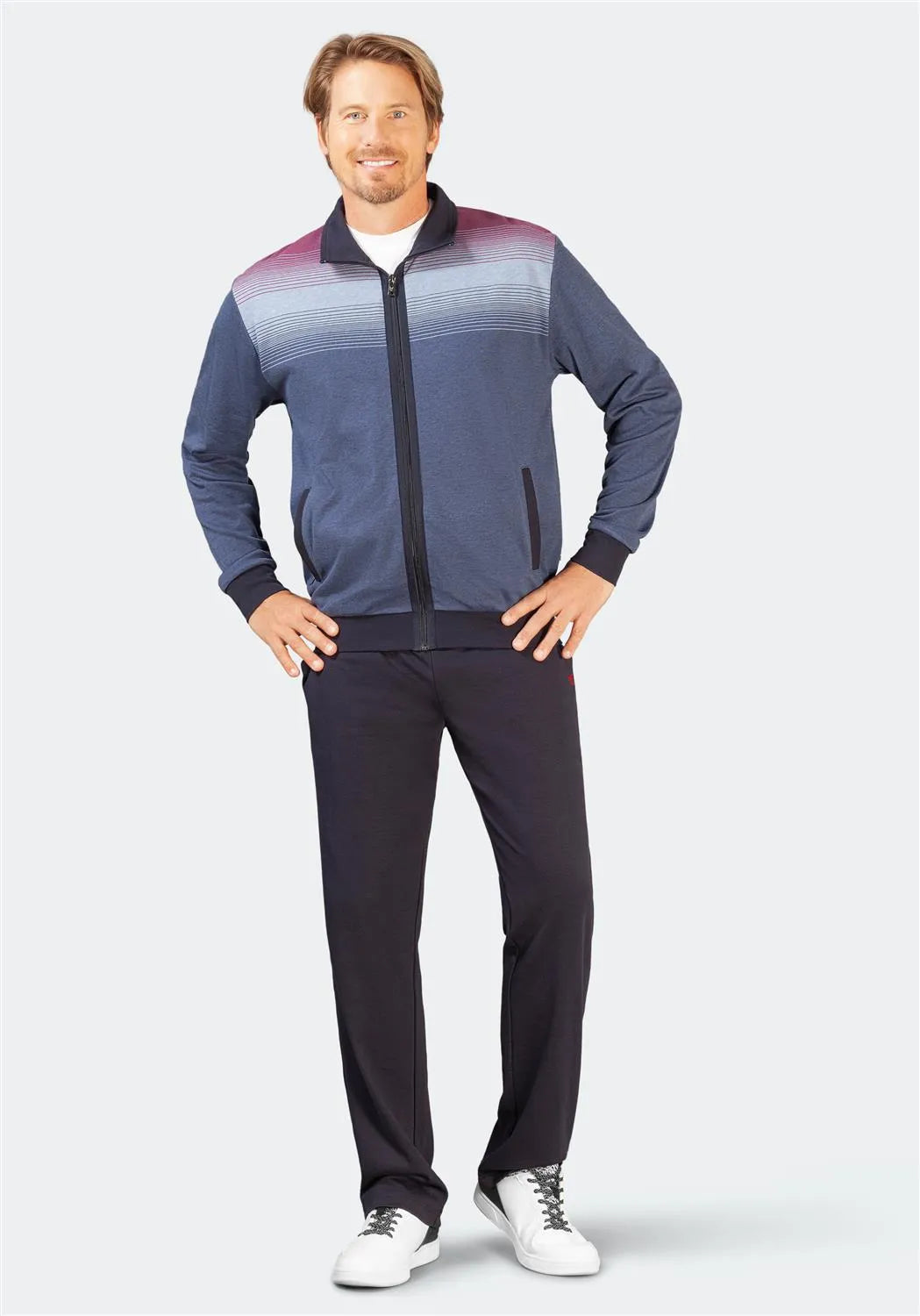 Marineblaue und lilafarbene Ombre-Reißverschlussjacke für Herren mit Mesh-Akzenten.