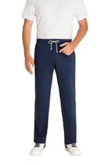 Marineblaue Jogginghose mit Kordelzug, weißen Nähten und Taschen.
