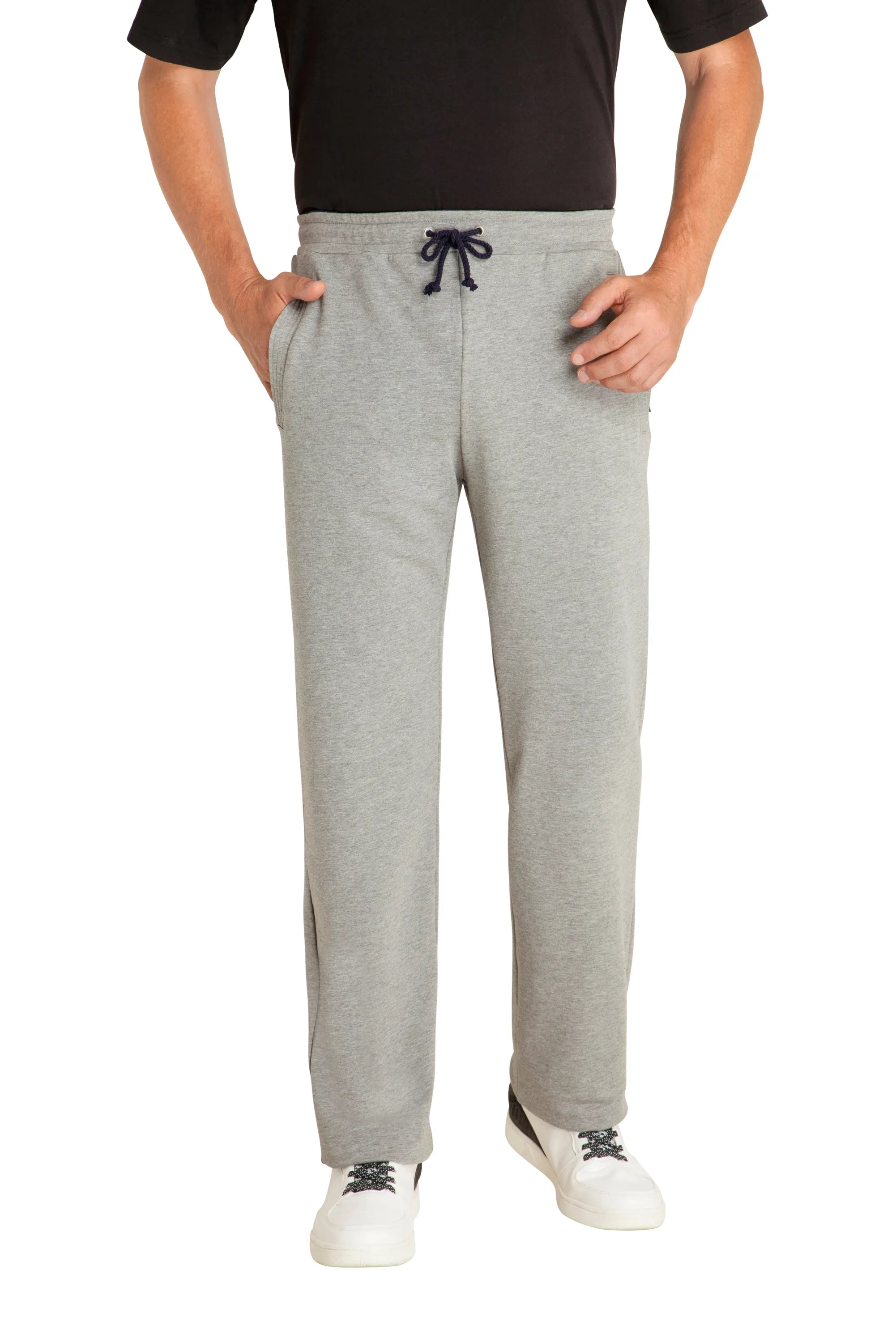 Graue Jogginghose mit Kordelzug in der Taille und Taschen, wahrscheinlich aus einem Baumwoll- oder Polyestergemisch.