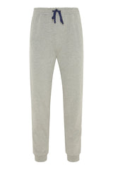 Hellgraue Jogginghose mit marineblauem Kordelzug und Bündchen.