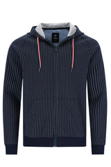 Marineblau-weiß gestreifter Kapuzenpulli mit Reißverschluss, roten Kordelzügen, Kapuzenfutter und Markenlogo auf der Brust.