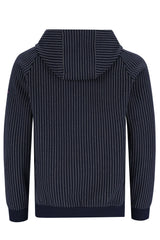 Marineblau-weiß gestreifter Hoodie mit Kapuze.