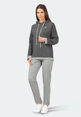 Anthrazitfarbener Kapuzenpulli mit weißen Kordelzügen und kontrastfarbenen Bündchen, aus weichem Baumwollgemisch.