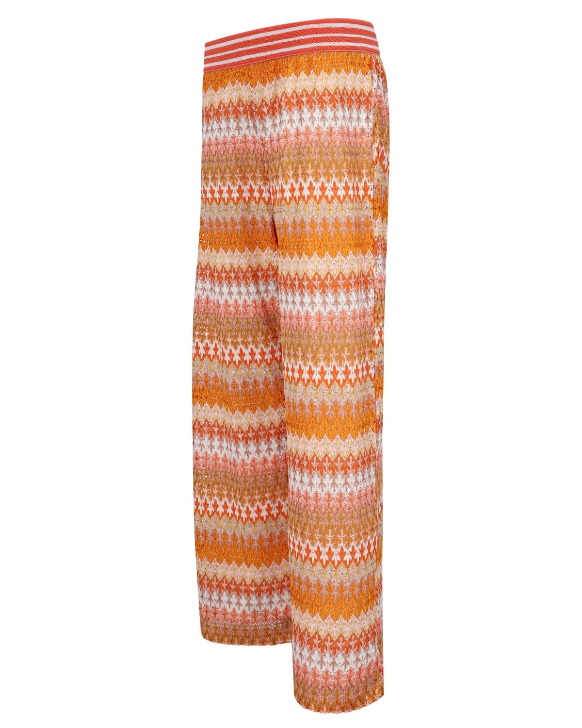 Orangefarbene und rosafarbene Missoni-Strickpalazzo-Hose mit gestreiftem Bund.