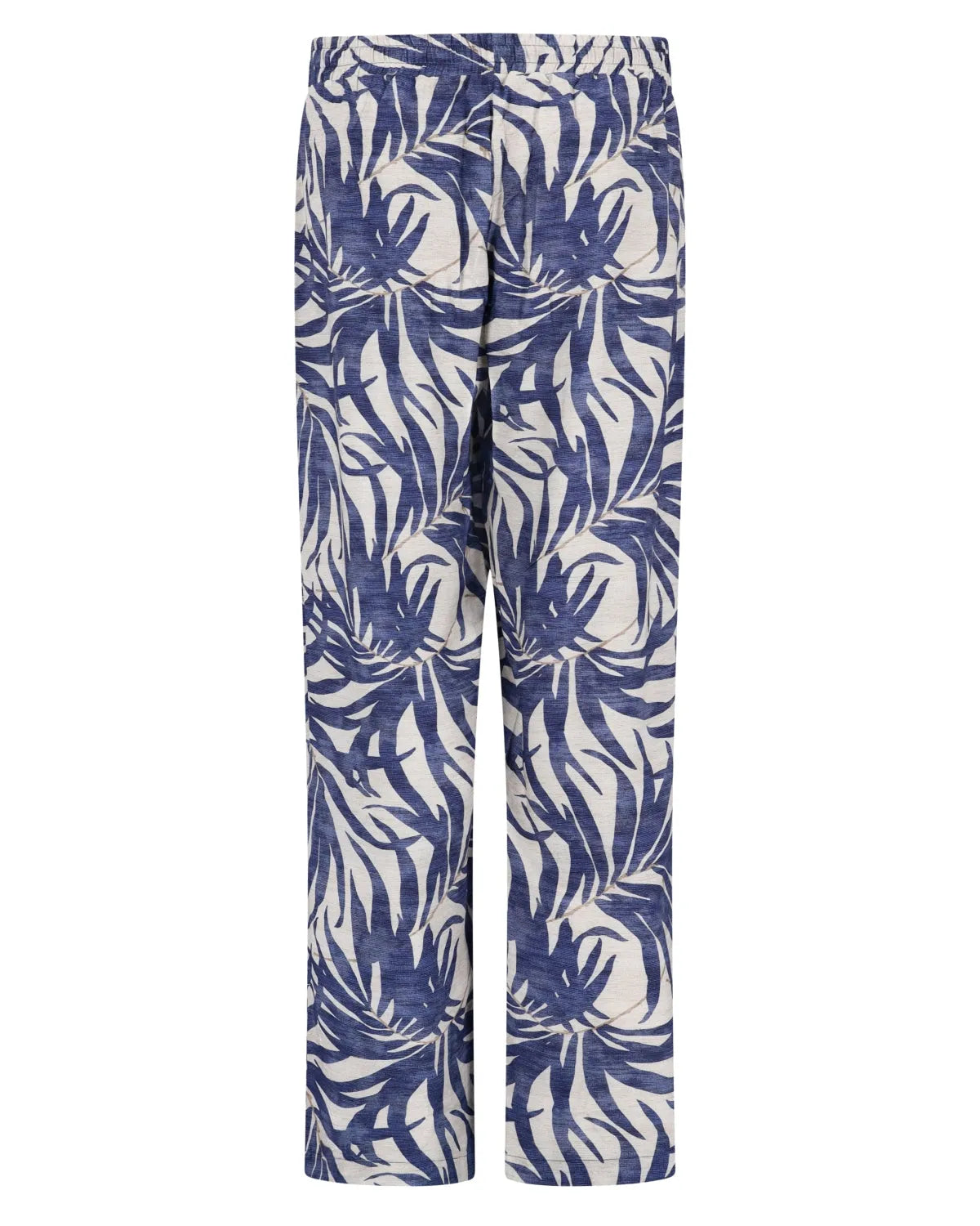 Blaue und weiße Hose mit tropischem Blattdruck und lockerer Passform.