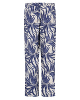 Blaue und weiße Hose mit tropischem Blattdruck und lockerer Passform.