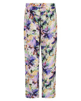 Weite Hose mit Blumenmuster in Pastelltönen und seidiger Textur.