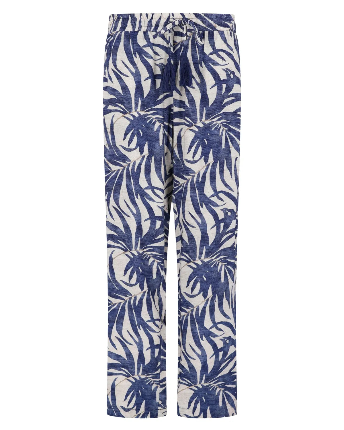 Blaue und weiße Hose mit Palmblattdruck und Kordelzug.