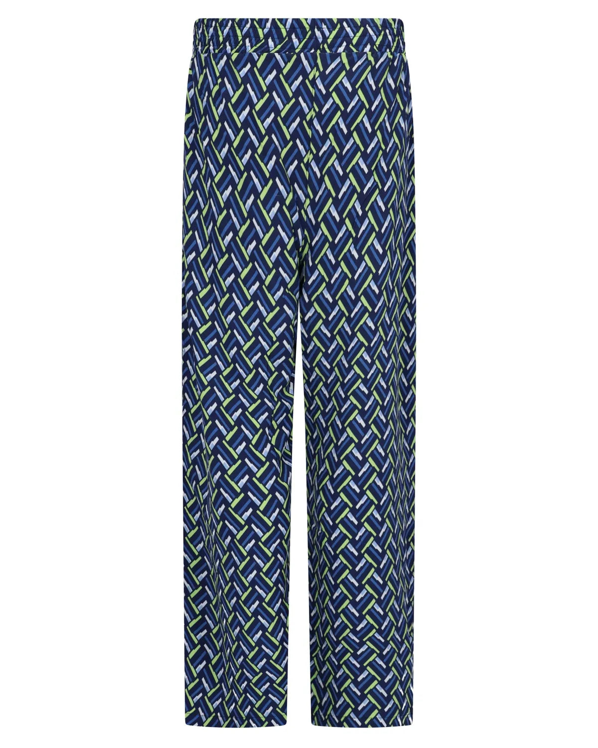 Blaue und weiße Pyjamahose mit geometrischem Muster und gewebter Textur.