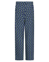 Blaue und weiße Pyjamahose mit geometrischem Muster und gewebter Textur.