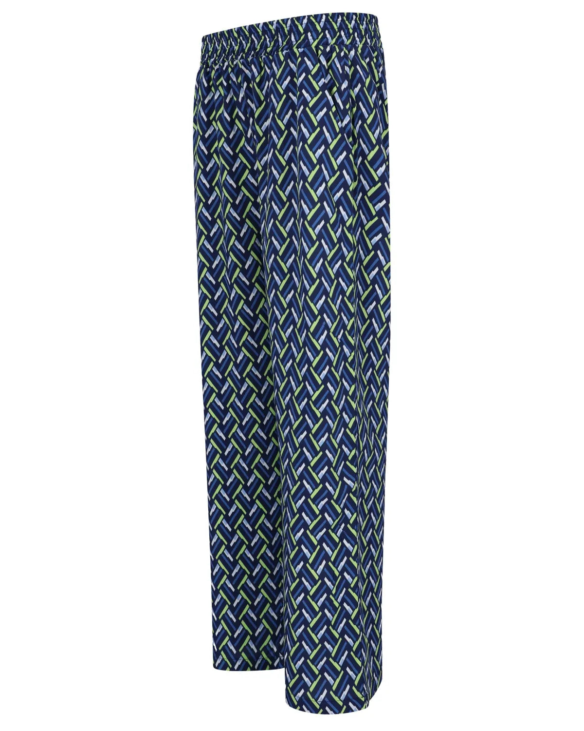 Blaue und grüne Pyjamahose mit geometrischem Muster und elastischem Bund.