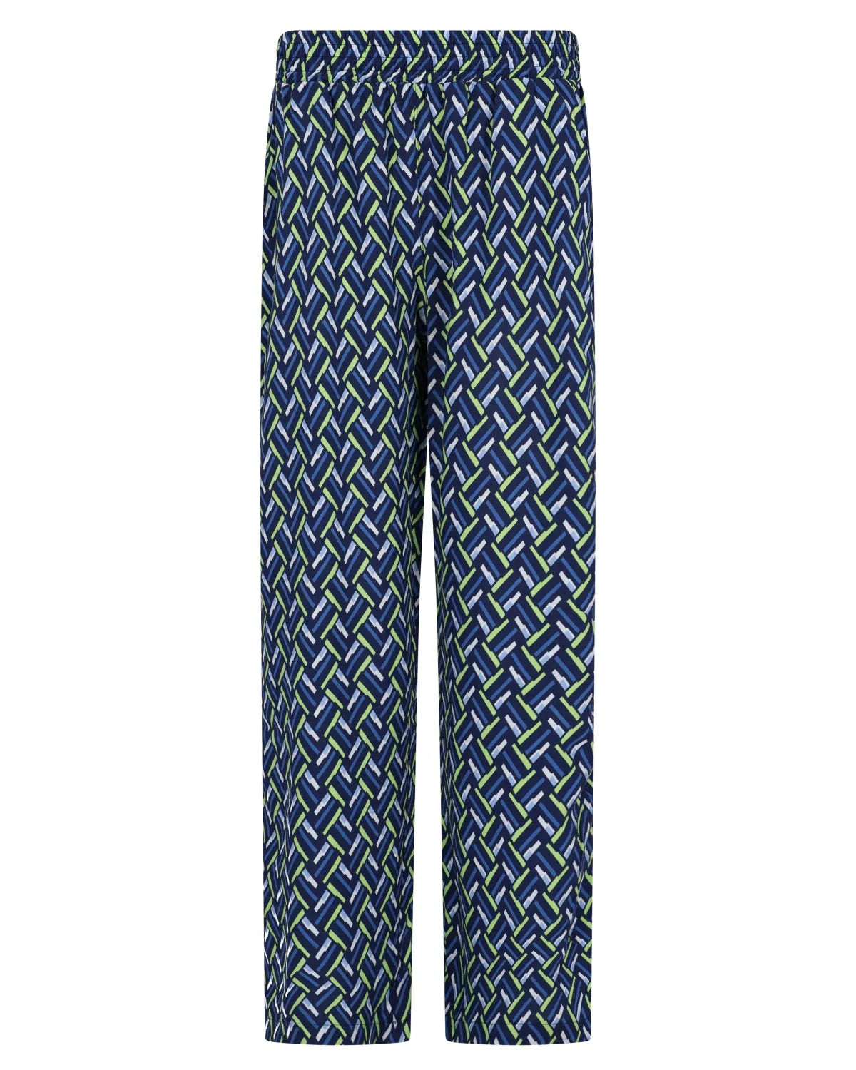 Blaue und grüne Pyjamahose mit geometrischem Muster und elastischem Bund.