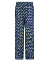 Blaue und grüne Pyjamahose mit geometrischem Muster und elastischem Bund.