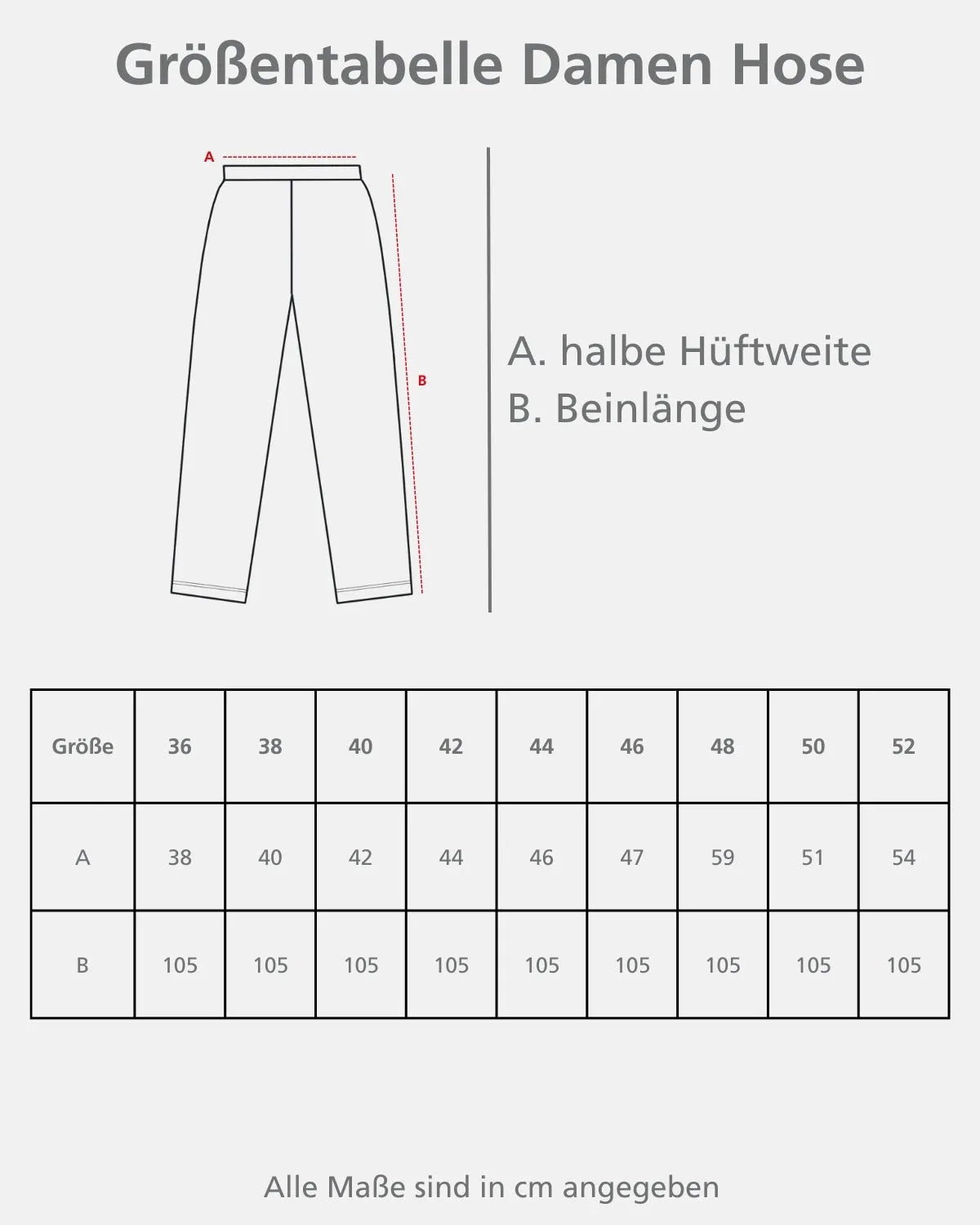 Eine Größentabelle für Damenhosen.