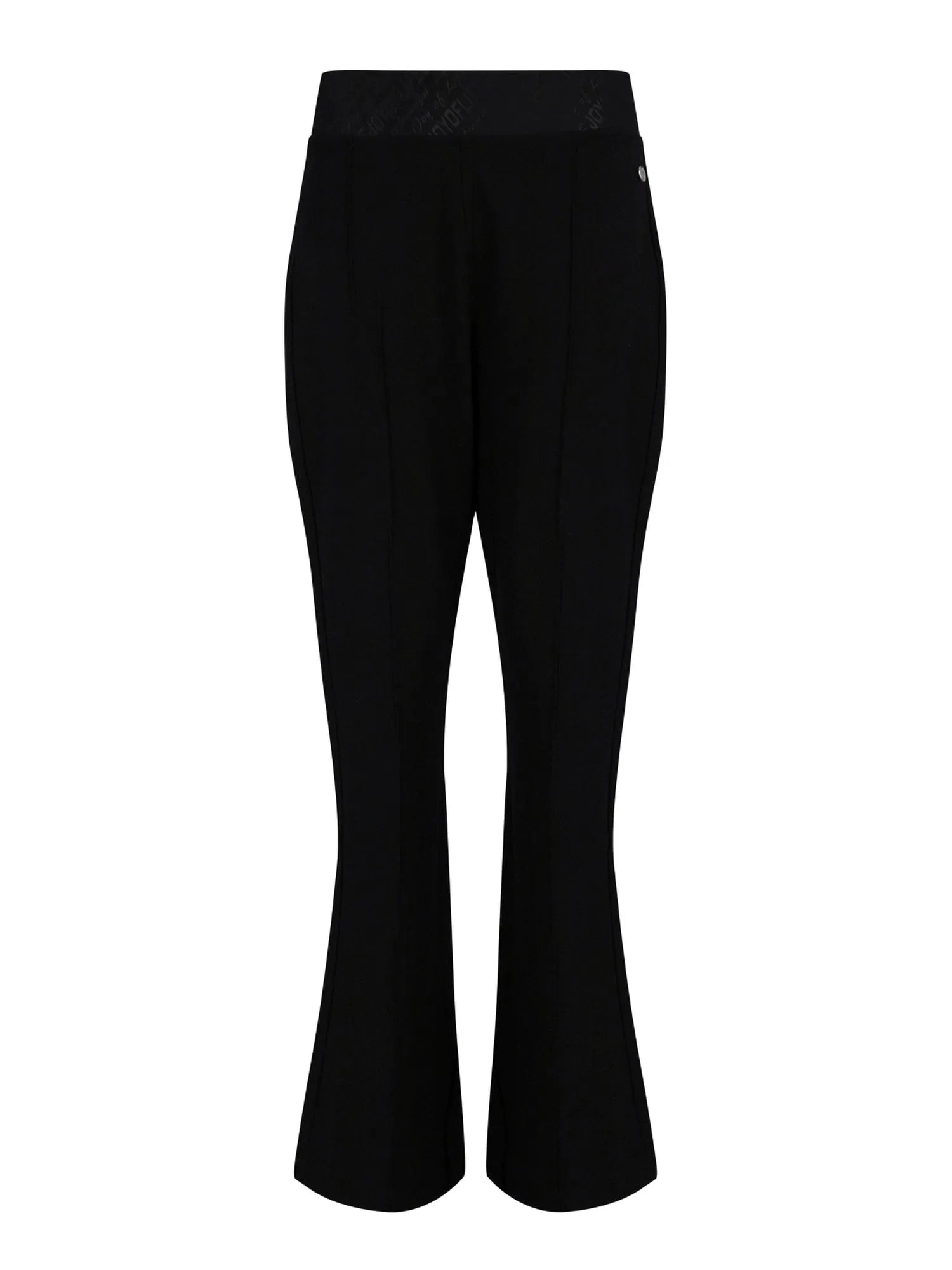 Schwarze ausgestellte Hosen mit subtiler Textur und elastischem Bund.