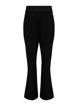 Schwarze ausgestellte Hosen mit subtiler Textur und elastischem Bund.