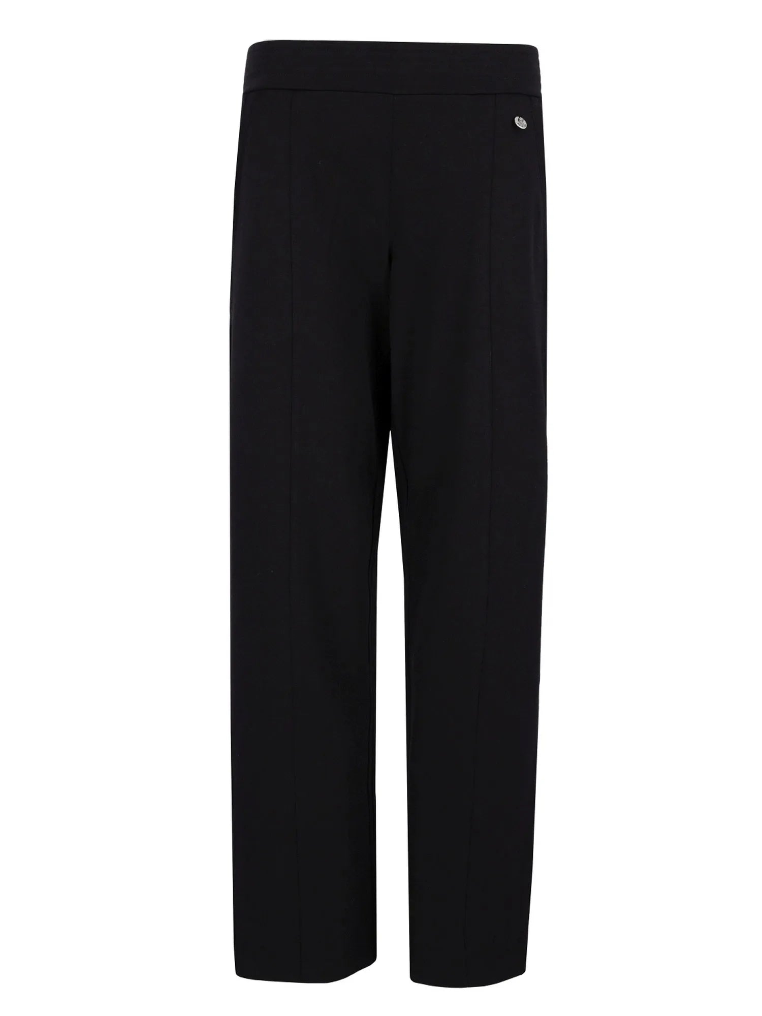 Schwarze gerade Bein-Hosen mit subtiler Textur und kleiner Knopfdetail am unteren Saum.