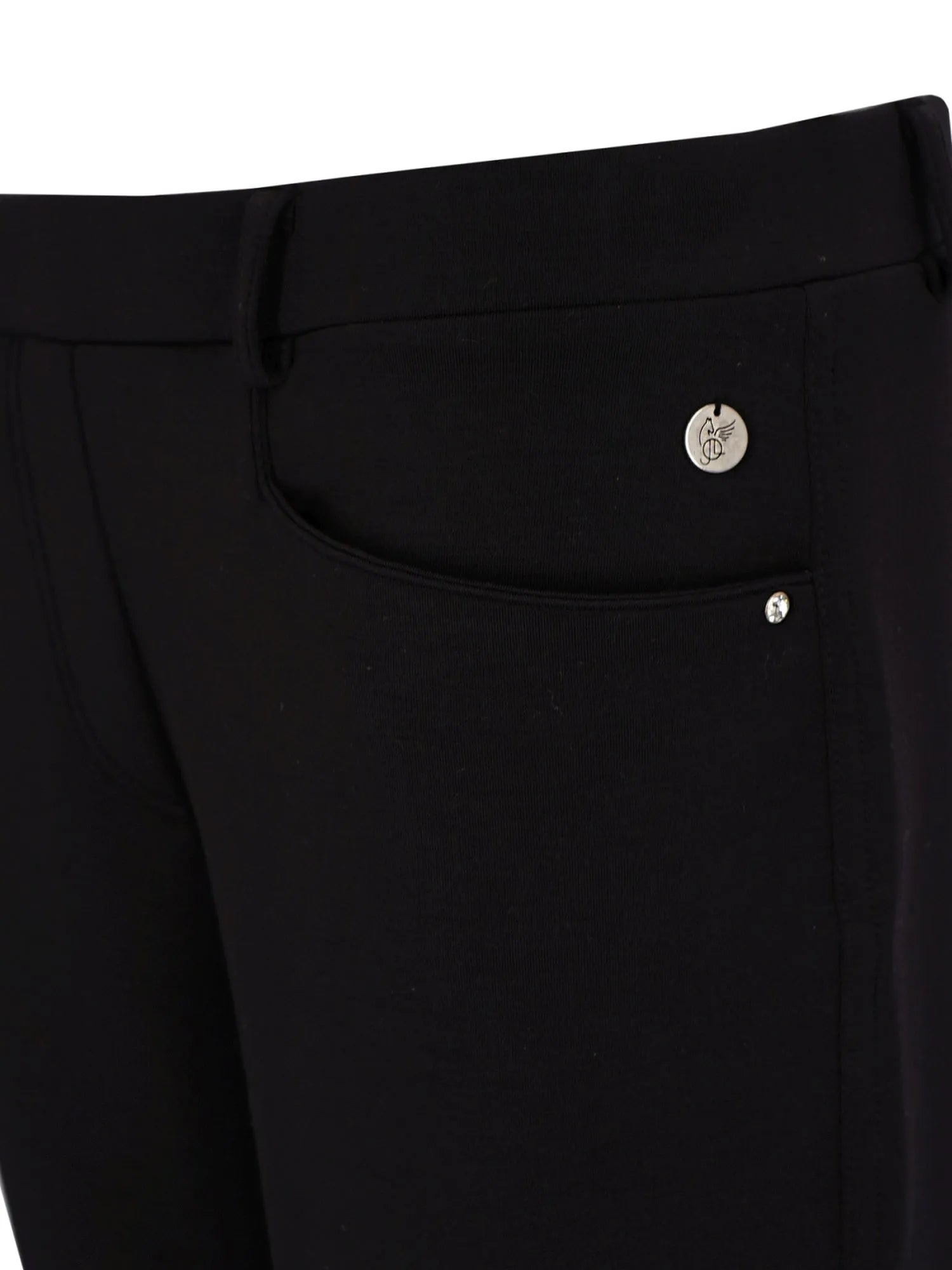 Schwarze maßgeschneiderte Hosen mit silbernen Knöpfen und Reißverschluss, wahrscheinlich von einer Designer-Marke.