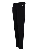 Schwarze schmale Passform Anzughosen mit Knopf- und Reißverschluss, wahrscheinlich aus Polyester- oder Baumwollmischung gefertigt.