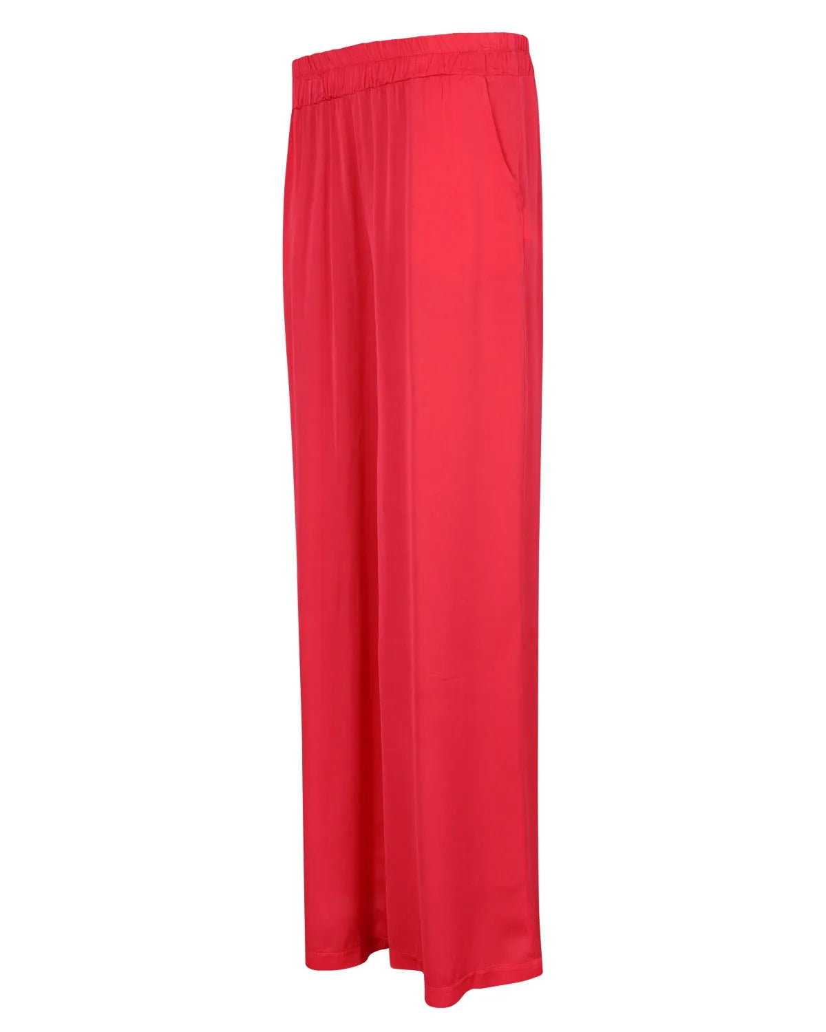 Rote Hose mit weitem Bein, glattem Stoff und elastischem Bund.