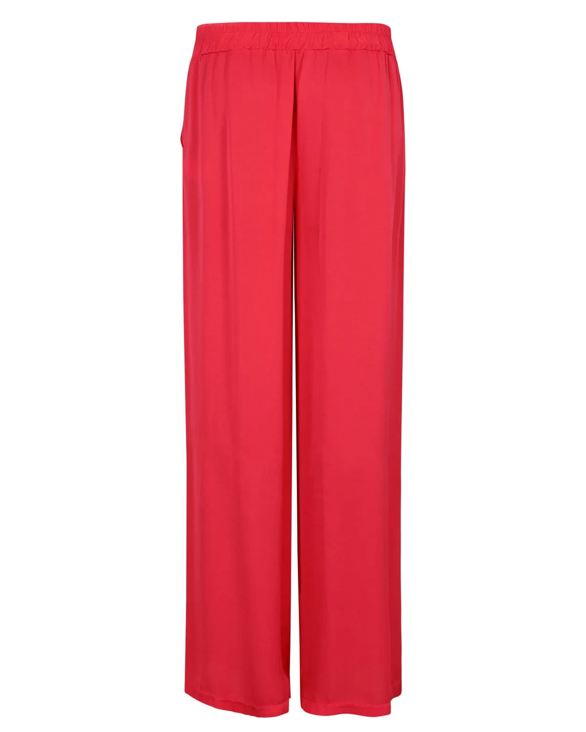 Rote Hose mit weitem Bein und Falten vorne, wahrscheinlich aus einem seidigen Stoff.