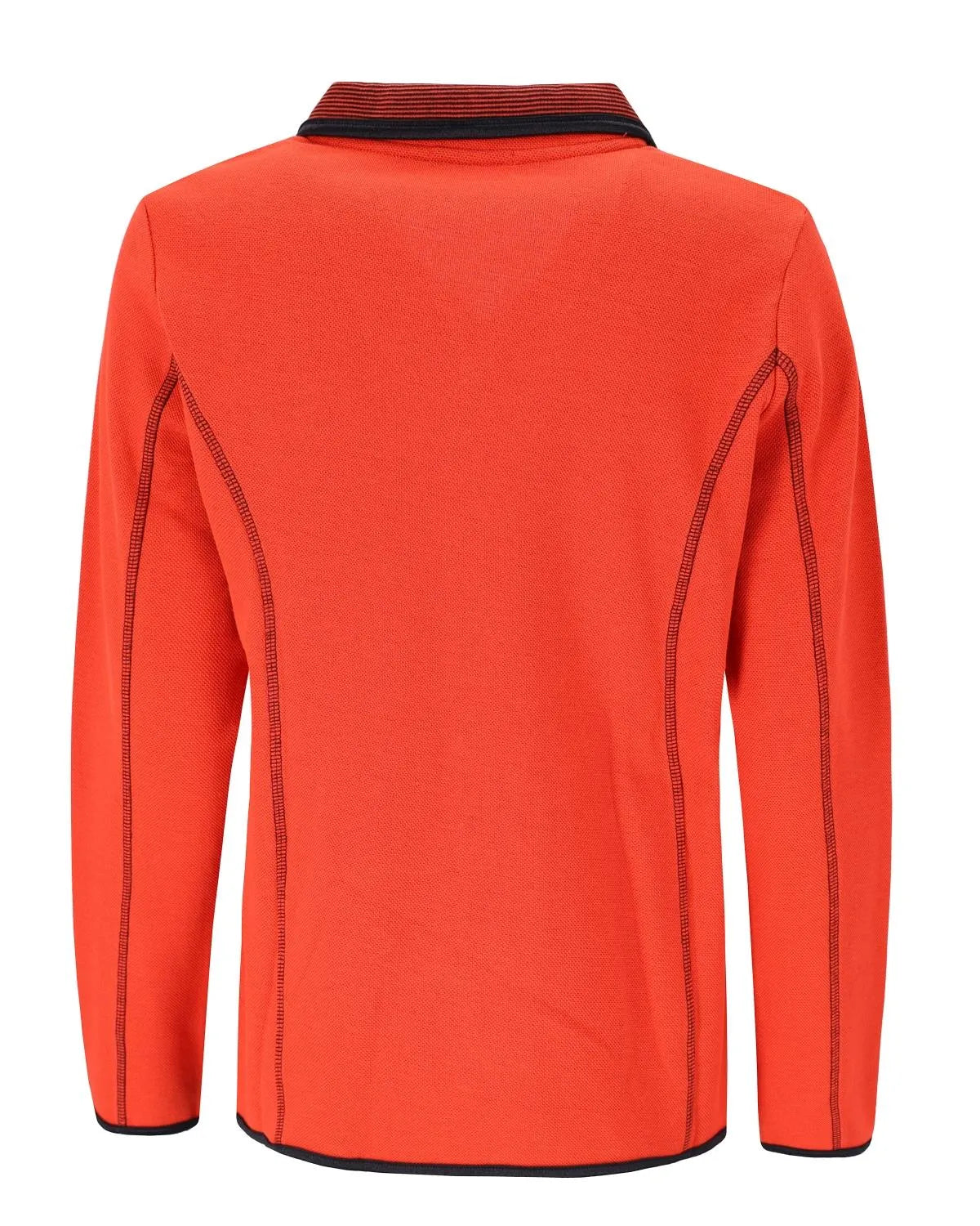 Orange-schwarze Jacke mit Reißverschluss und Kontrastnähten.
