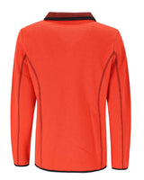 Orange-schwarze Jacke mit Reißverschluss und Kontrastnähten.